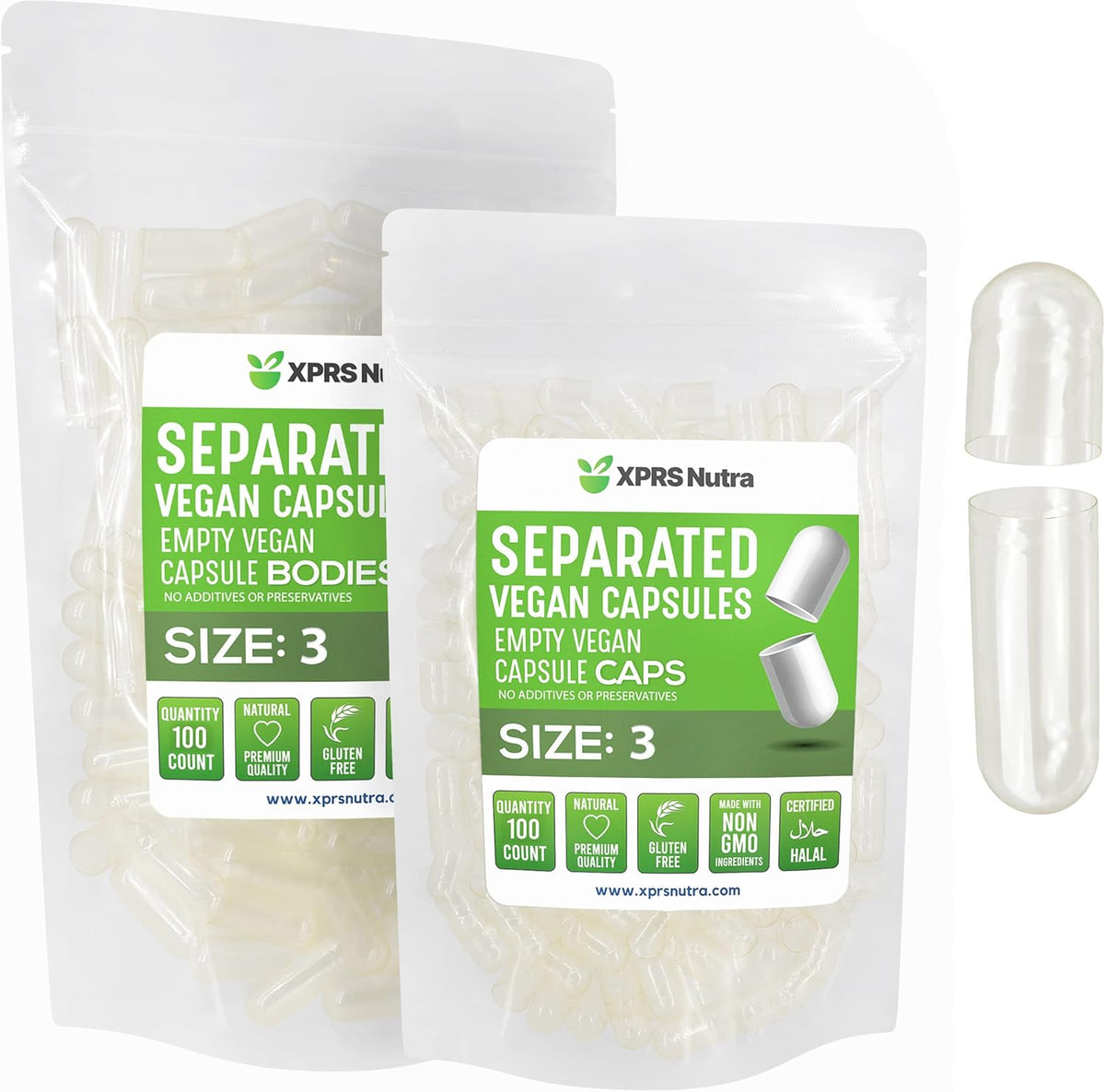 XPRS Nutra Vegan Size 3 Separated Capsules - 100 Count Empty Capsules for DIY Supplement Filling - görsel 1