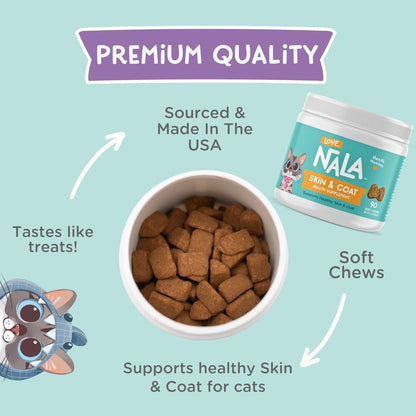 LOVE, NALA Skin and Coat Supplement for Cats – 90 Tasty Soft Chews with Omega-3, Biotin and Vitamin E – Promotes Healthy Skin and Coat