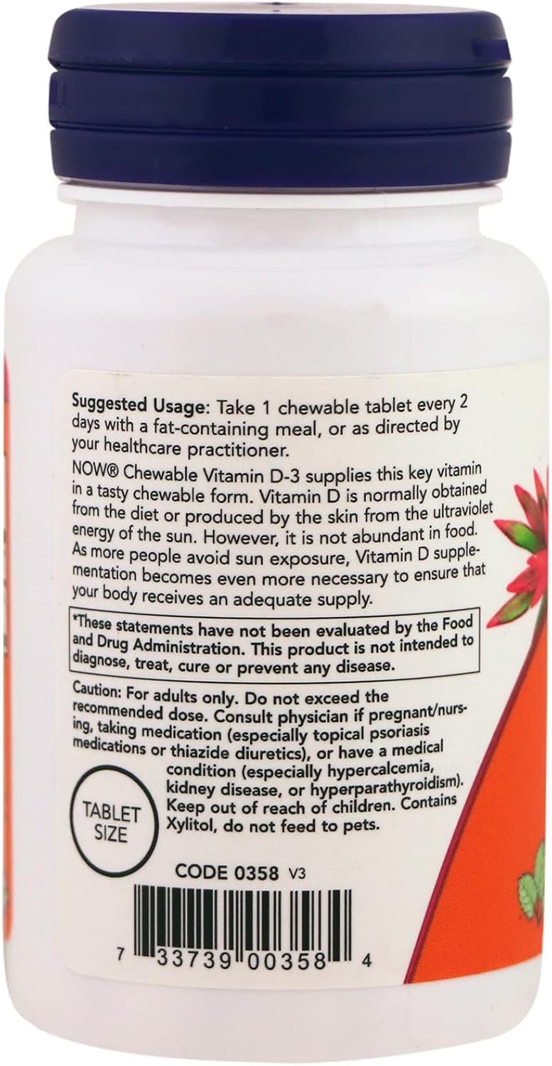NOW Foods Vitamin D-3 5000 IU Chewable Tablets - Natural Mint Flavour, 120 Count - görsel 3