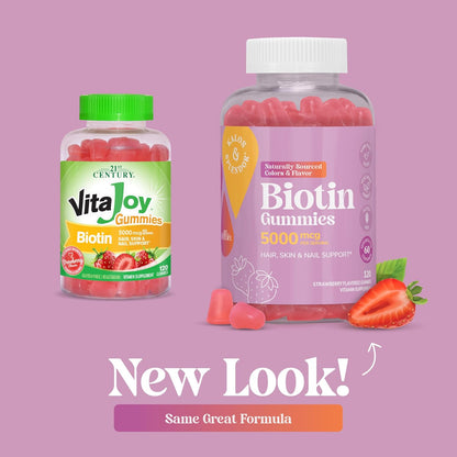 21st Century Biotin Gummies 5000 mcg for Hair, Skin and Nail Health – Vegetarian Strawberry Supplement, 120 Gummies, Gluten-free