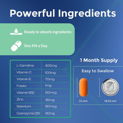 Medfertil for Men - Food Supplement with Carnitine, Co-Q10, Selenium, Zinc, Vitamins C, E, B12, B9 (30 Tablets)