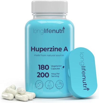 LongLifeNutri Huperzine A 200 mcg - Huperzia serrata Leaf Extract, 180 Vegetarian Capsules, Natural Nootropic for Concentration, Memory, and Clarity