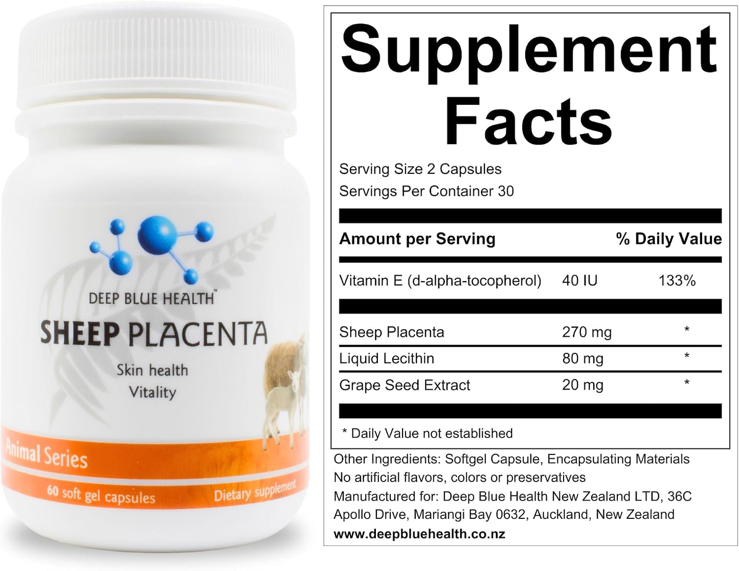 Deep Blue Health New Zealand Sheep Placenta with Grape Seed Extract and Vitamin E - 60 Softgels - görsel 2