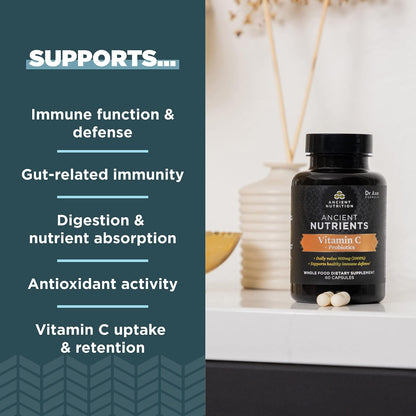 Ancient Nutrition Probiotics and Vitamin C Supplement – Whole Food Superfoods, Non-GMO, Paleo and Keto Friendly, 30 Servings