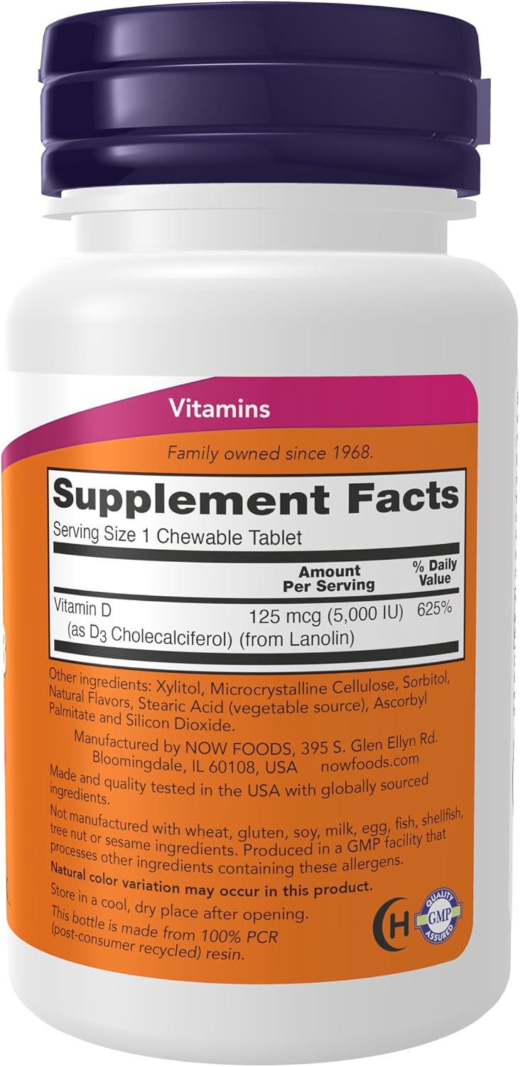 NOW Foods Vitamin D-3 5,000 IU Chewable Tablets with Natural Mint Flavour, 120 Chewable Tablets - görsel 2