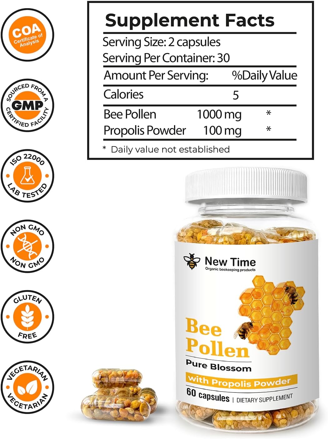 Bee Pollen Capsules with Propolis – Organic Supplement for Energy, Vitality & Immune Support - görsel 3