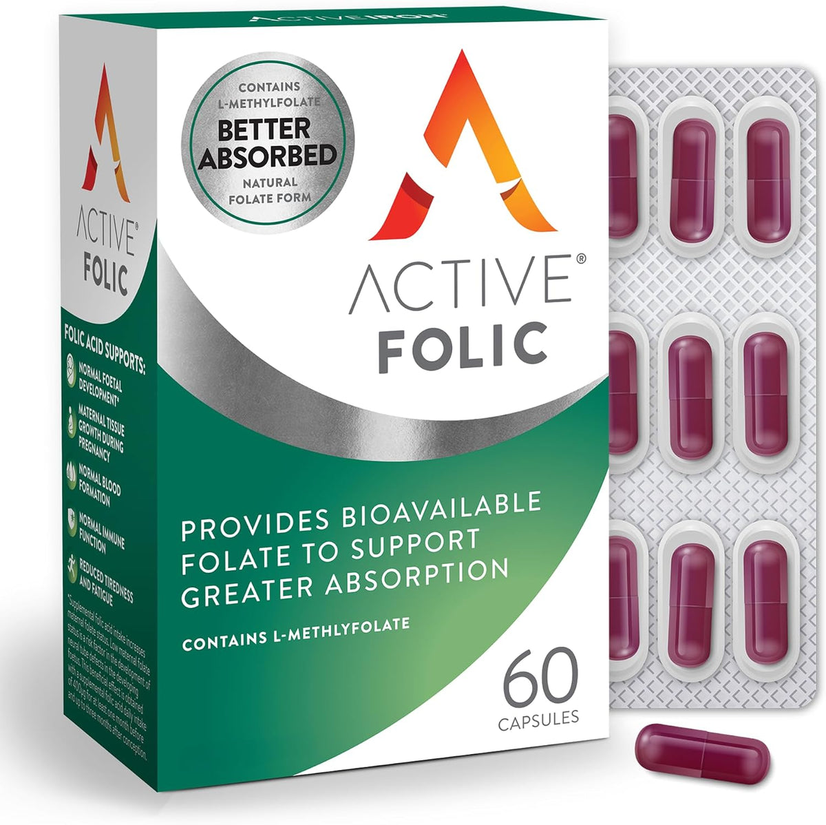 Active Folic Acid Supplement, 400mcg L-Methylfolate, Supports Pregnancy & Energy, Vegan, 60 Capsules - görsel 1