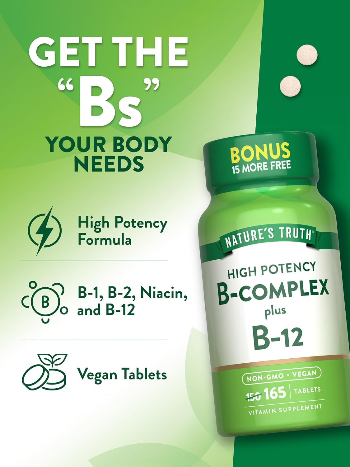Nature's Truth Vitamin B Complex | 165 Tablets | Plus B12 | Vegan & Non-GMO Supplement - görsel 5