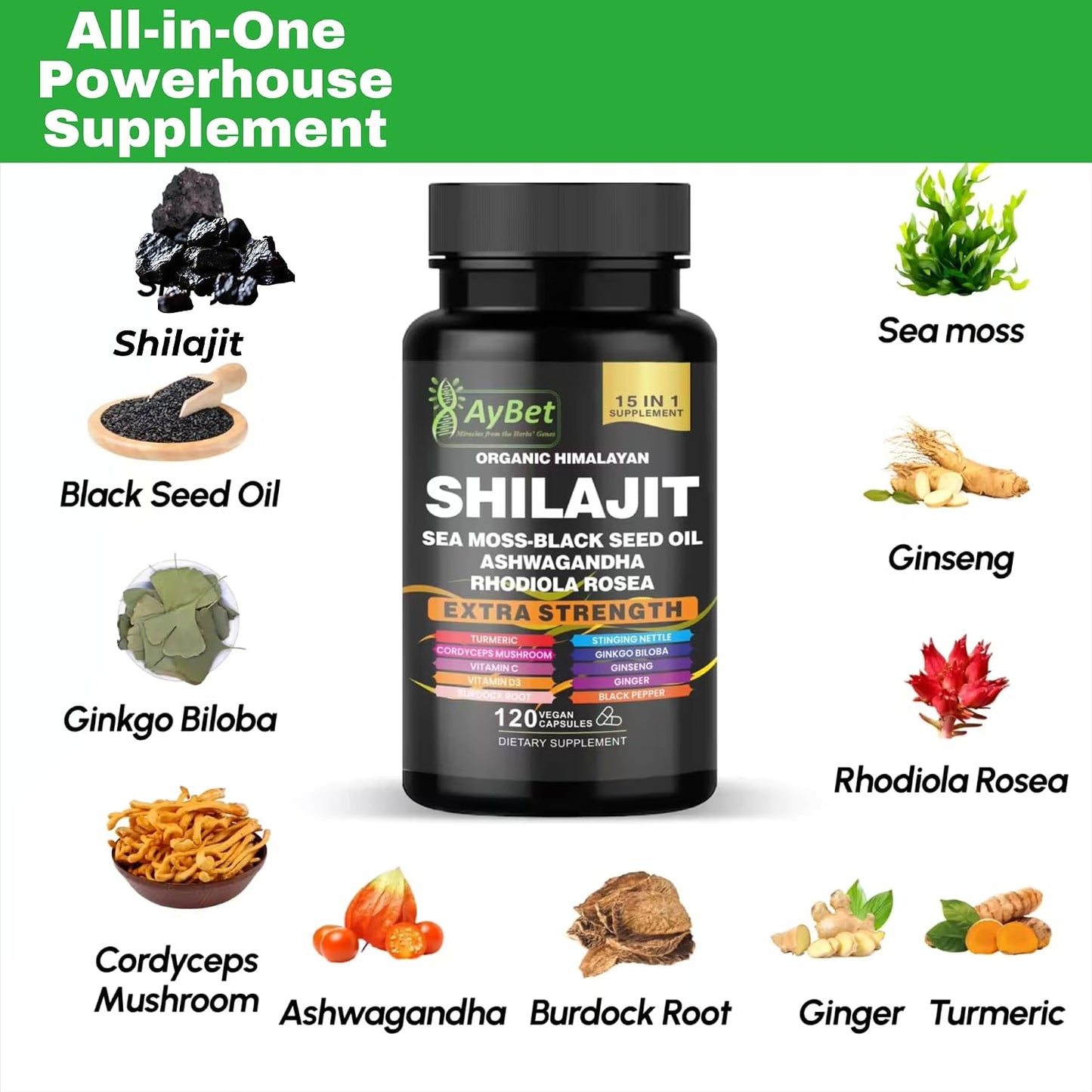 AyBet Organic Himalayan Shilajit Capsules with Sea Moss, Ashwagandha, and Herbal Blend - 120 Capsules - görsel 2