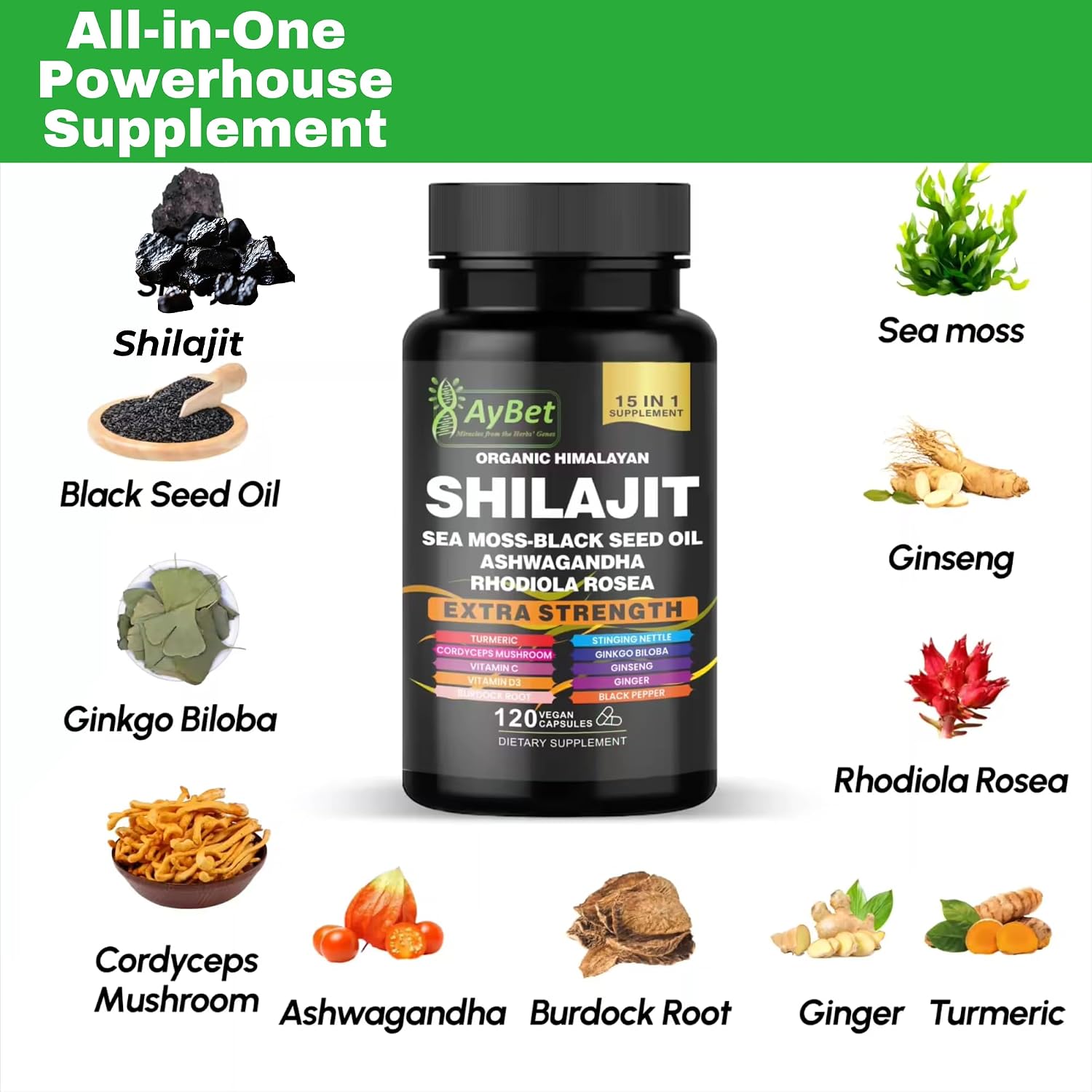 AyBet Organic Himalayan Shilajit Capsules with Sea Moss, Ashwagandha, and Herbal Blend - 120 Capsules - görsel 2