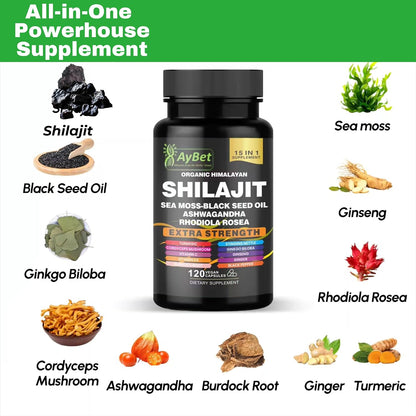 AyBet Organic Himalayan Shilajit Capsules with Sea Moss, Ashwagandha, and Herbal Blend - 120 Capsules