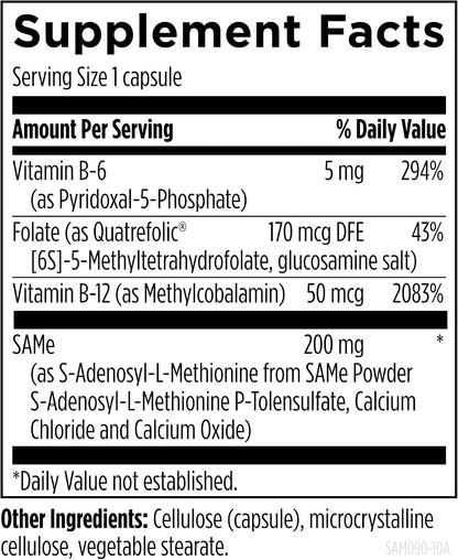 Designs for Health SAMe Capsules with B6, B12 & 5-MTHF - 200mg S-Adenosylmethionine Food Supplement (90 Capsules)