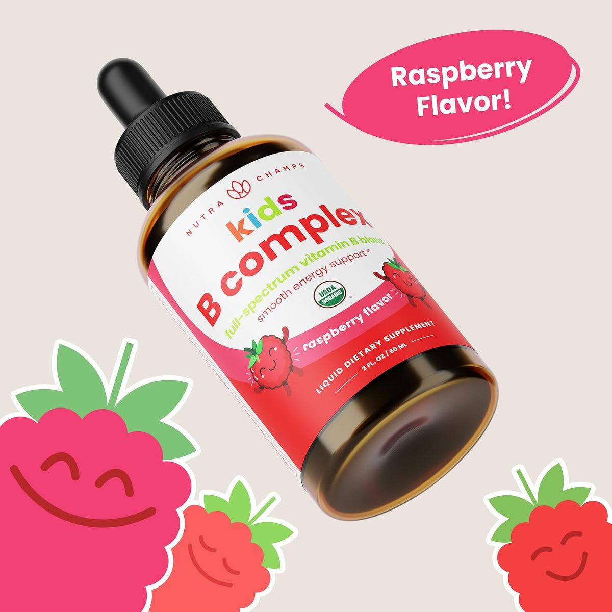 NutraChamps Organic Vitamin B Complex for Kids, B1, B2, B3, B6, B7, B9 & Methyl B12, Kids B Complex Liquid Drops Supplement, Energy, Focus, Metabolism, Natural Berry, 120 Servings, 4 Month Supply - görsel 6