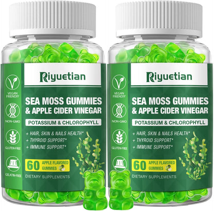 Sea Moss Gummies - 60 Count - Natural Apple Flavour - with Bladderwrack & Burdock Root - Vegan, Non-GMO
