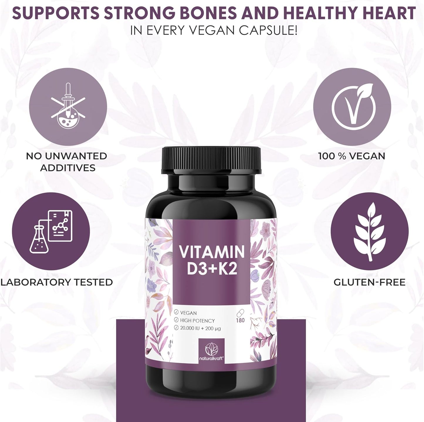 Premium Vitamin D3 + K2, 20,000 IU + 200 mcg, Depot (180 Capsules, High Strength & Vegan) – German Brand Quality - görsel 2