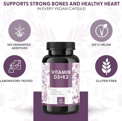 Premium Vitamin D3 + K2, 20,000 IU + 200 mcg, Depot (180 Capsules, High Strength & Vegan) – German Brand Quality