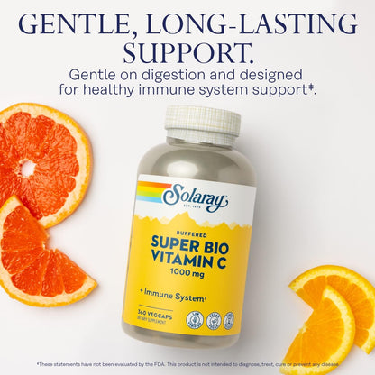 SOLARAY Super Bio Buffered Vitamin C 1000mg – Two-Stage Timed Release with Bioflavonoids – Immune System Support – High Absorption, Vegan, 60 Day Guarantee, 180 Servings, 360 VegCaps