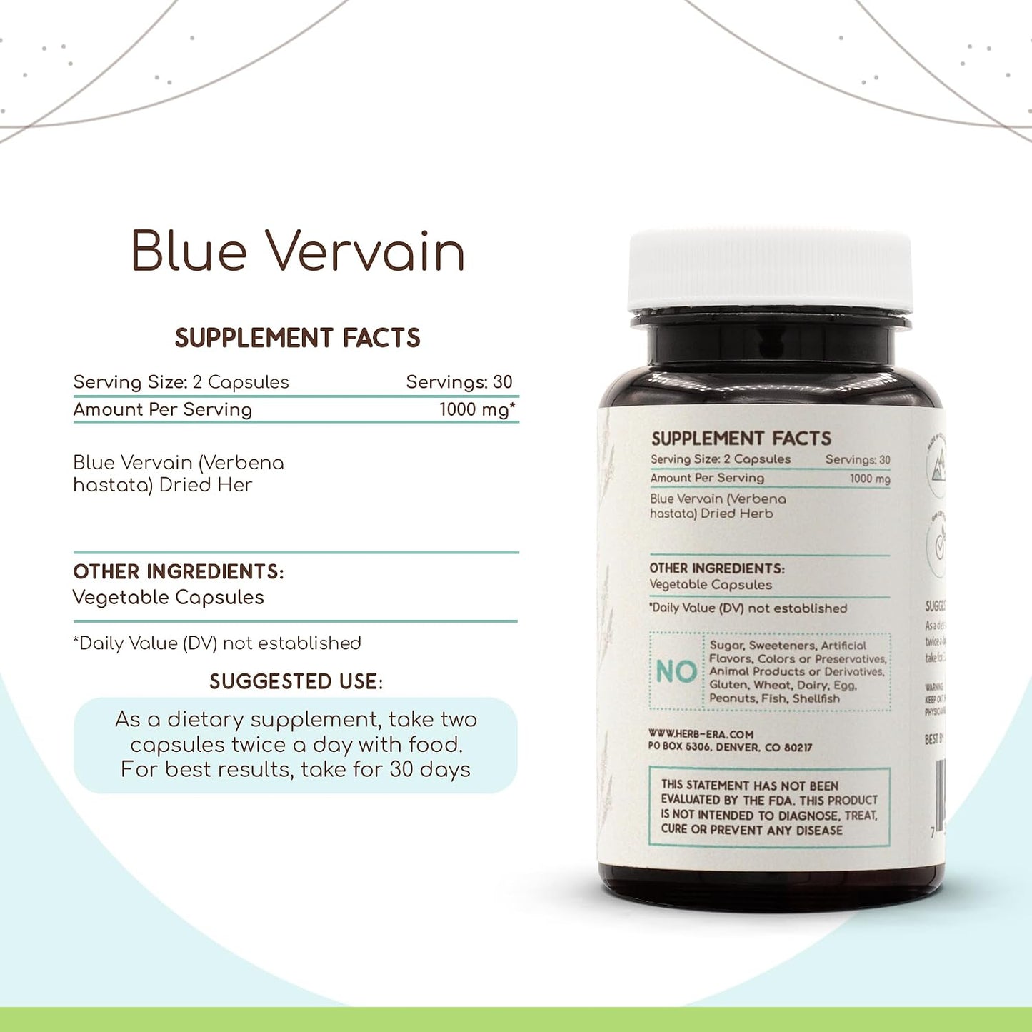 HerbEra Blue Vervain 60 Capsules, 500 mg Dried Herb Supplement - görsel 2