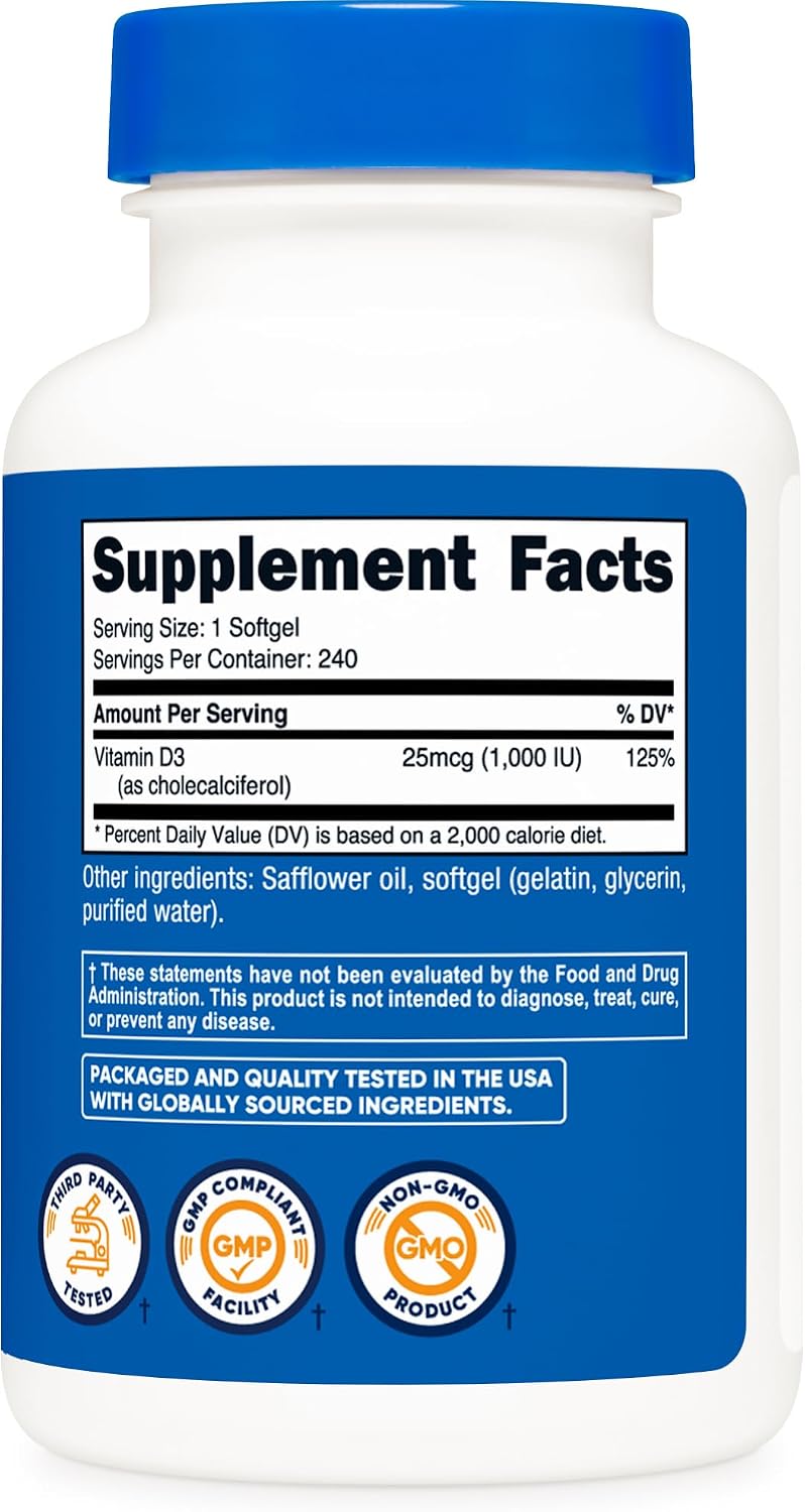 Nutricost Vitamin D3 1000 IU Softgels, 240 Softgels - Non-GMO & Gluten-Free - görsel 5