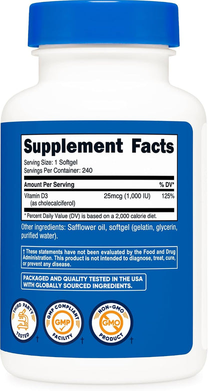 Nutricost Vitamin D3 1000 IU Softgels, 240 Softgels - Non-GMO & Gluten-Free