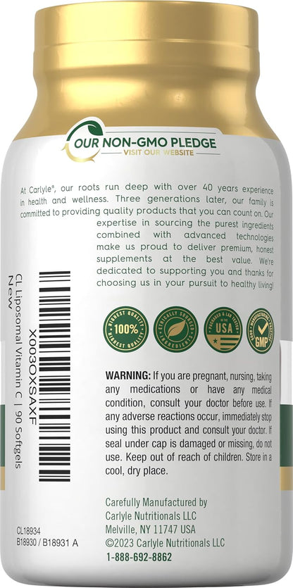 Carlyle Liposomal Vitamin C | 2200mg | 90 Soft gel capsule Capsules | High Potency Complex Supplement | Non-GM, Gluten-free