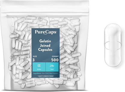 PureCaps USA Empty Gelatine Capsules Size 3 - 5,000 Clear Capsules - Non-GMO Certified