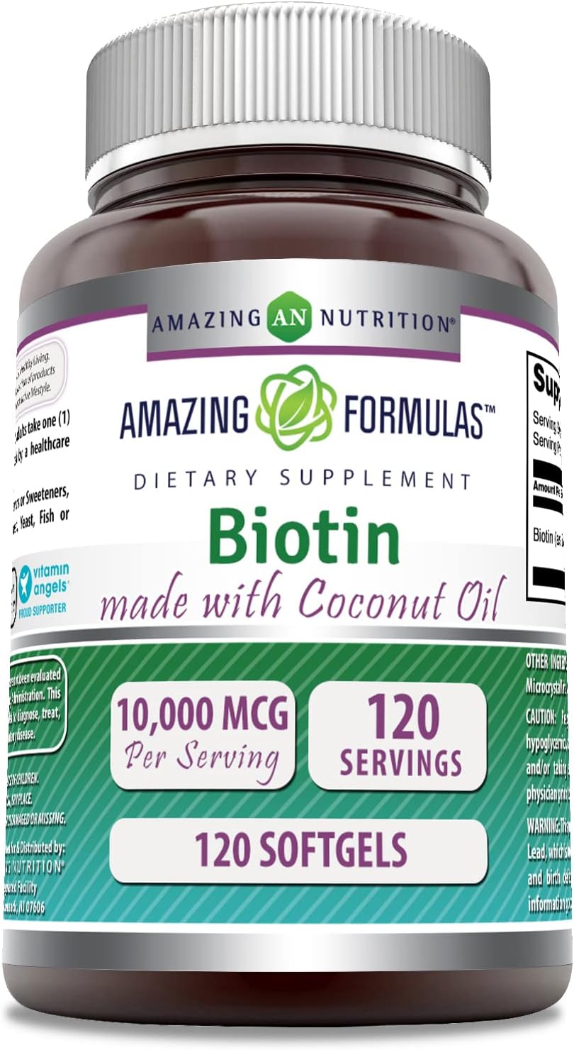 Amazing Formulae Biotin with Extra Virgin Organic Coconut Oil - 10,000 mcg - 120 Softgels - görsel 1