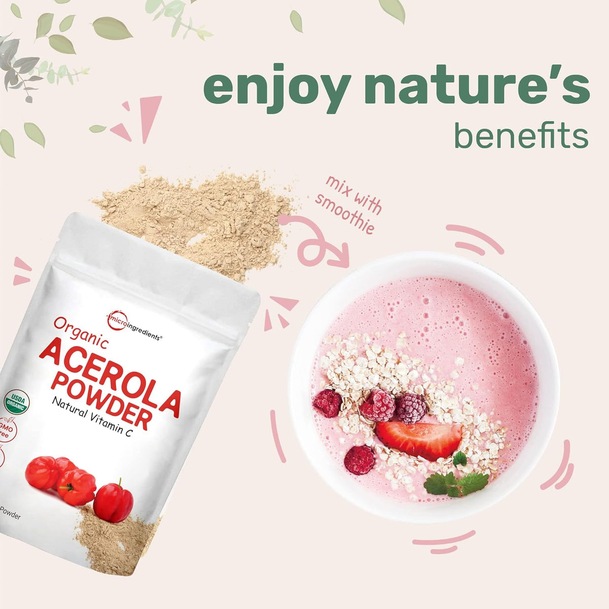 Micro Ingredients 2 Pack Organic Acerola Cherry Powder, 227g Each, Natural Vitamin C Supplement - görsel 6