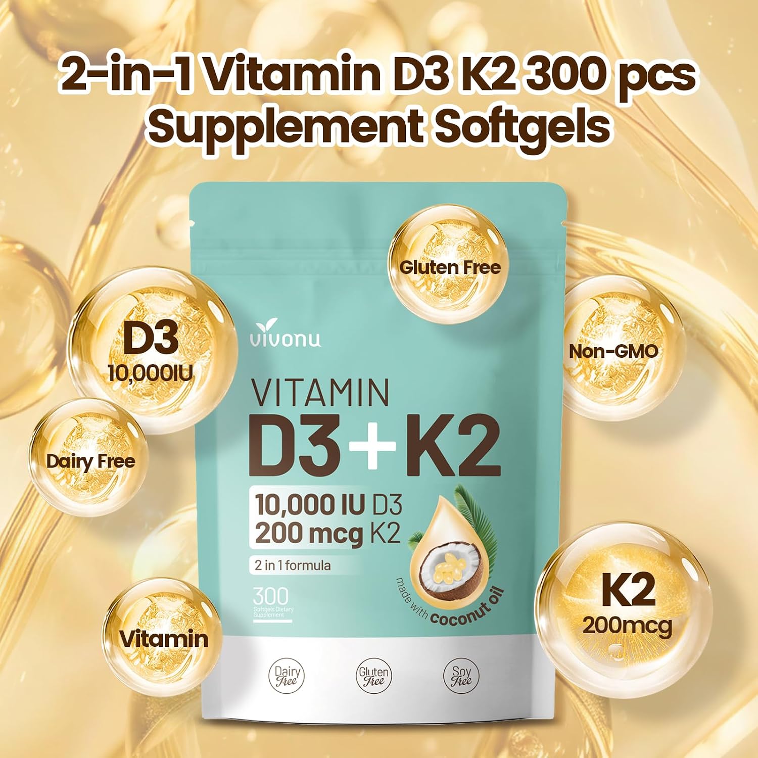 VivoNu Vitamin D3 K2 10000 IU with MK-7 - 300 Soft gel capsules - görsel 6