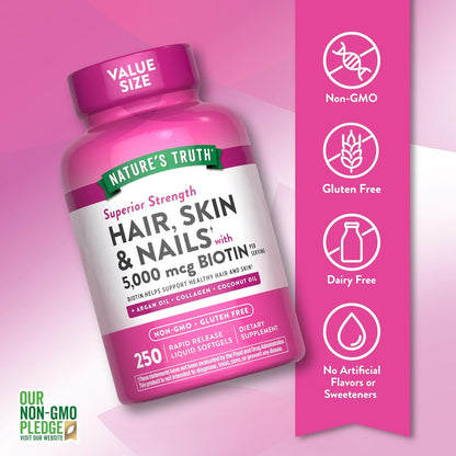 Nature's Truth Hair, Skin and Nails Biotin 5000mcg, 250 Softgels – Image 3