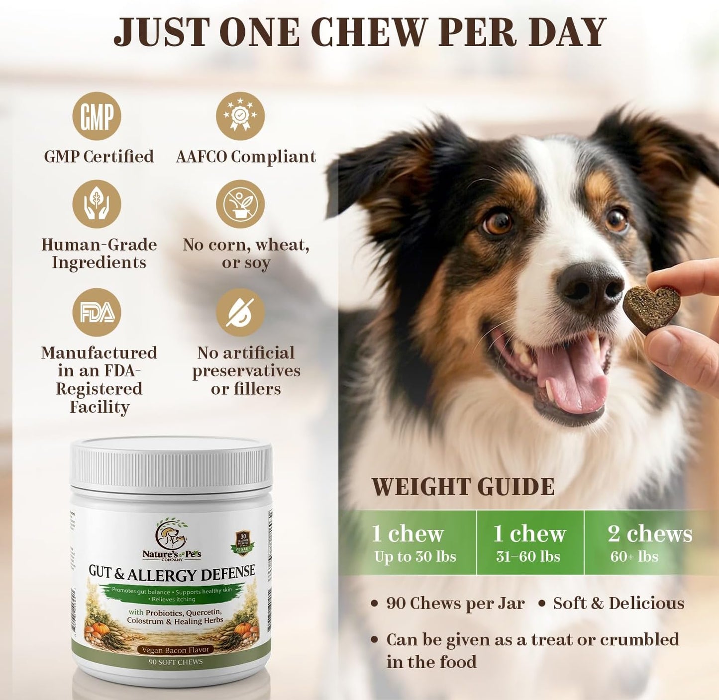 30 Billion CFU Probiotics for Dogs – Gut & Allergy Defence Chews with Quercetin, Colostrum, Turmeric, Mushrooms – 90 Soft Chews – Made in USA - görsel 3