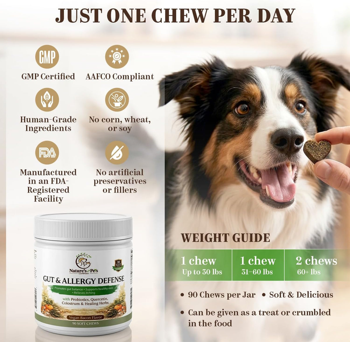 30 Billion CFU Probiotics for Dogs – Gut & Allergy Defence Chews with Quercetin, Colostrum, Turmeric, Mushrooms – 90 Soft Chews – Made in USA - görsel 3