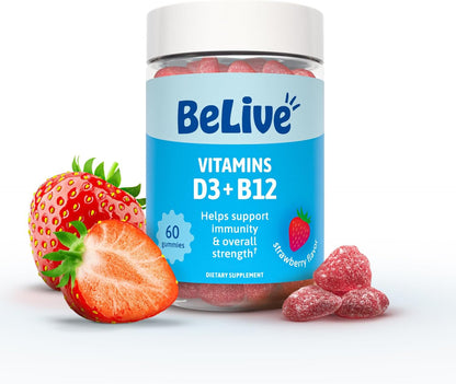 BeLive Vitamin D3 & B12 Gummies – 60 Gummies – Strawberry Flavour
