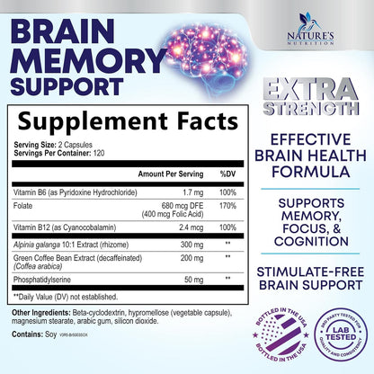 Brain Memory Supplement Capsules - 3X Strength Nootropics for Concentration, Clarity and Focus Support - with Bacopa, Phosphatidylserine and DMAE - 240 Capsules