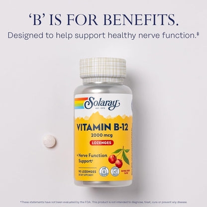 SOLARAY Vitamin B12 2000 mcg Lozenges - Vegan, No Sugar, Natural Cherry Flavour