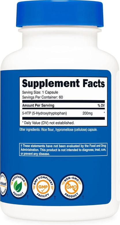 Nutricost 5-HTP 200mg, 60 Vegetarian Capsules – 5-Hydroxytryptophan Amino Acid Supplement