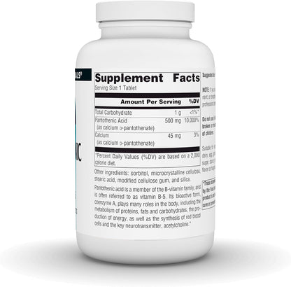Source Naturals Pantothenic Acid 500mg – Vitamin B-5 Supplement, 200 Vegetarian Tablets