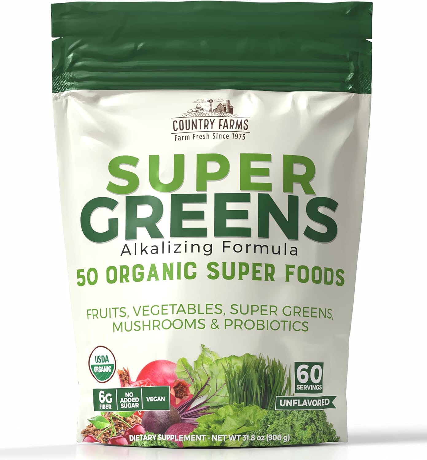 Country Farms Super Greens Natural Flavour – Organic Superfood Powder with Fibre, Mushrooms & Probiotics (60 Servings, 900g) - görsel 1