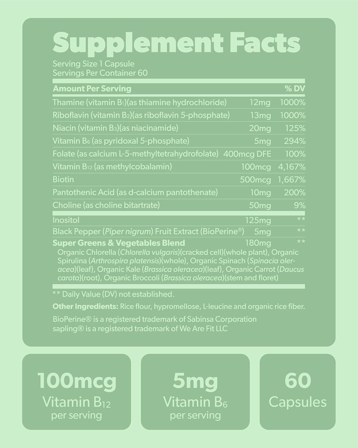 sapling Vegan Vitamin B Complex - Whole Food Blend with Essential B Vitamins B1, B2, B3, B5, B6, B7, Folate, B12 - 60 Capsules - görsel 6