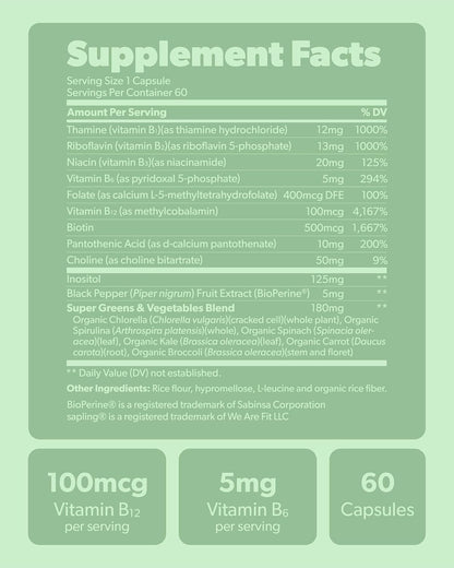 sapling Vegan Vitamin B Complex - Whole Food Blend with Essential B Vitamins B1, B2, B3, B5, B6, B7, Folate, B12 - 60 Capsules
