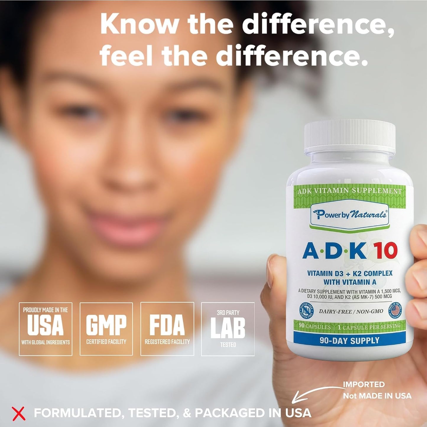 Power By Naturals ADK 10 Food Supplement - Vitamins A, D3 & K2 MK-7 - 90 Capsules - görsel 8