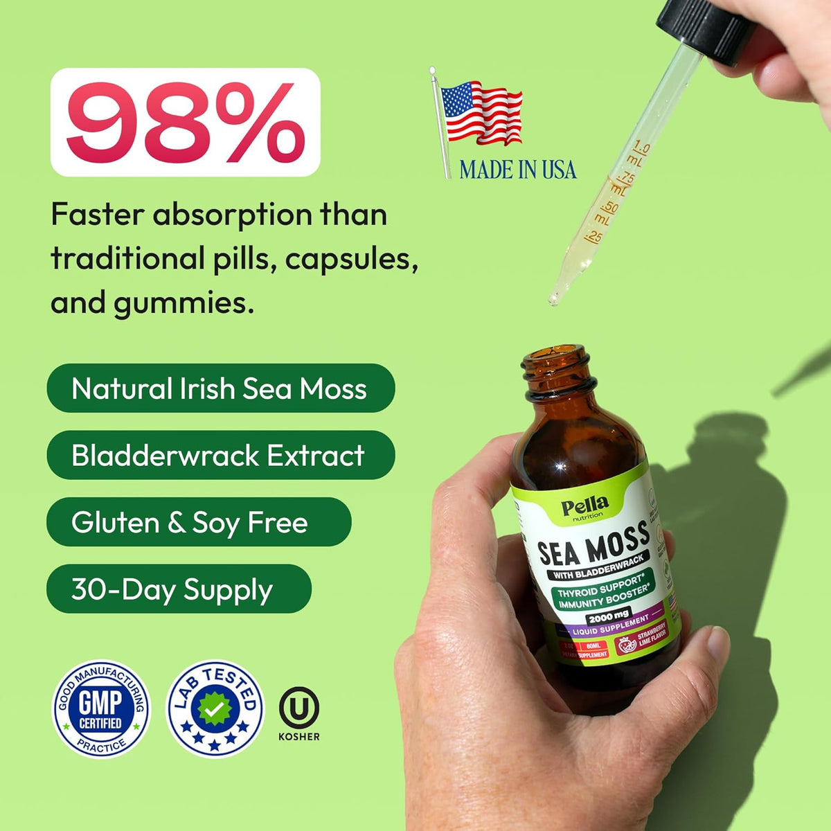 Pella Nutrition Sea Moss Drops with Bladderwrack – Liquid Supplement for Immune & Digestive Support (Strawberry Lime, 60ml) - görsel 3