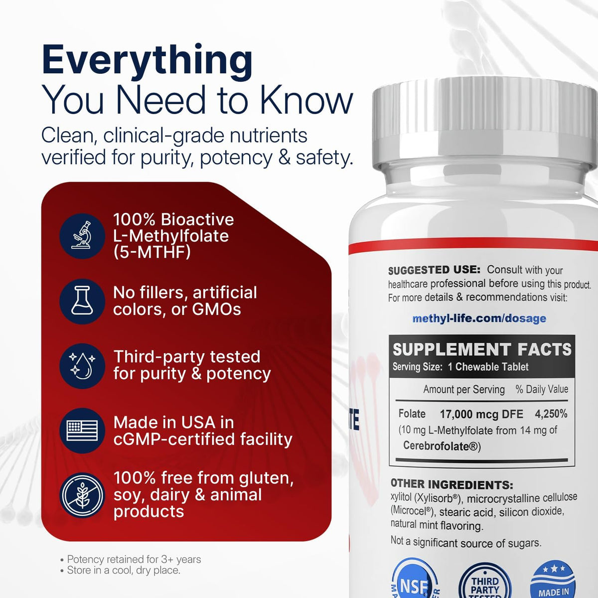 Methyl-Life® L-Methylfolate 10 mg - Chewable Active Folate Tablets with Cerebrofolate® (L-5-MTHF, Calcium) | Vegan, Non-GMO, Gluten-Free | 90 Chewable Tablets - görsel 2