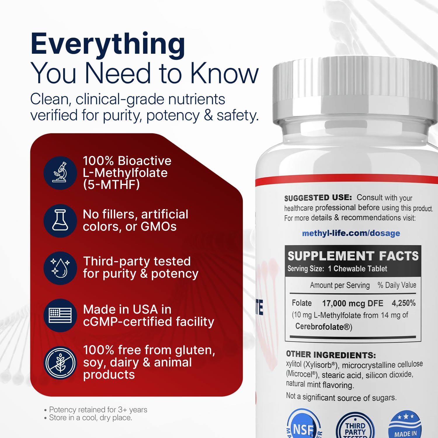 Methyl-Life® L-Methylfolate 10 mg - Chewable Active Folate Tablets with Cerebrofolate® (L-5-MTHF, Calcium) | Vegan, Non-GMO, Gluten-Free | 90 Chewable Tablets - görsel 2