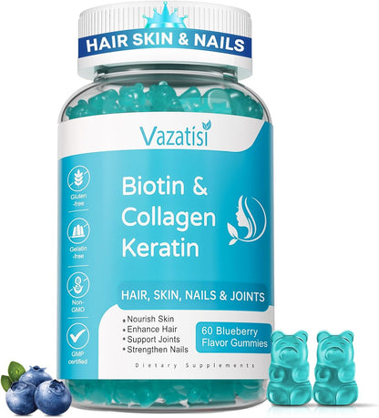 Vazatisi Biotin Gummies with Collagen & Keratin – Blueberry Flavour (60 Gummies)