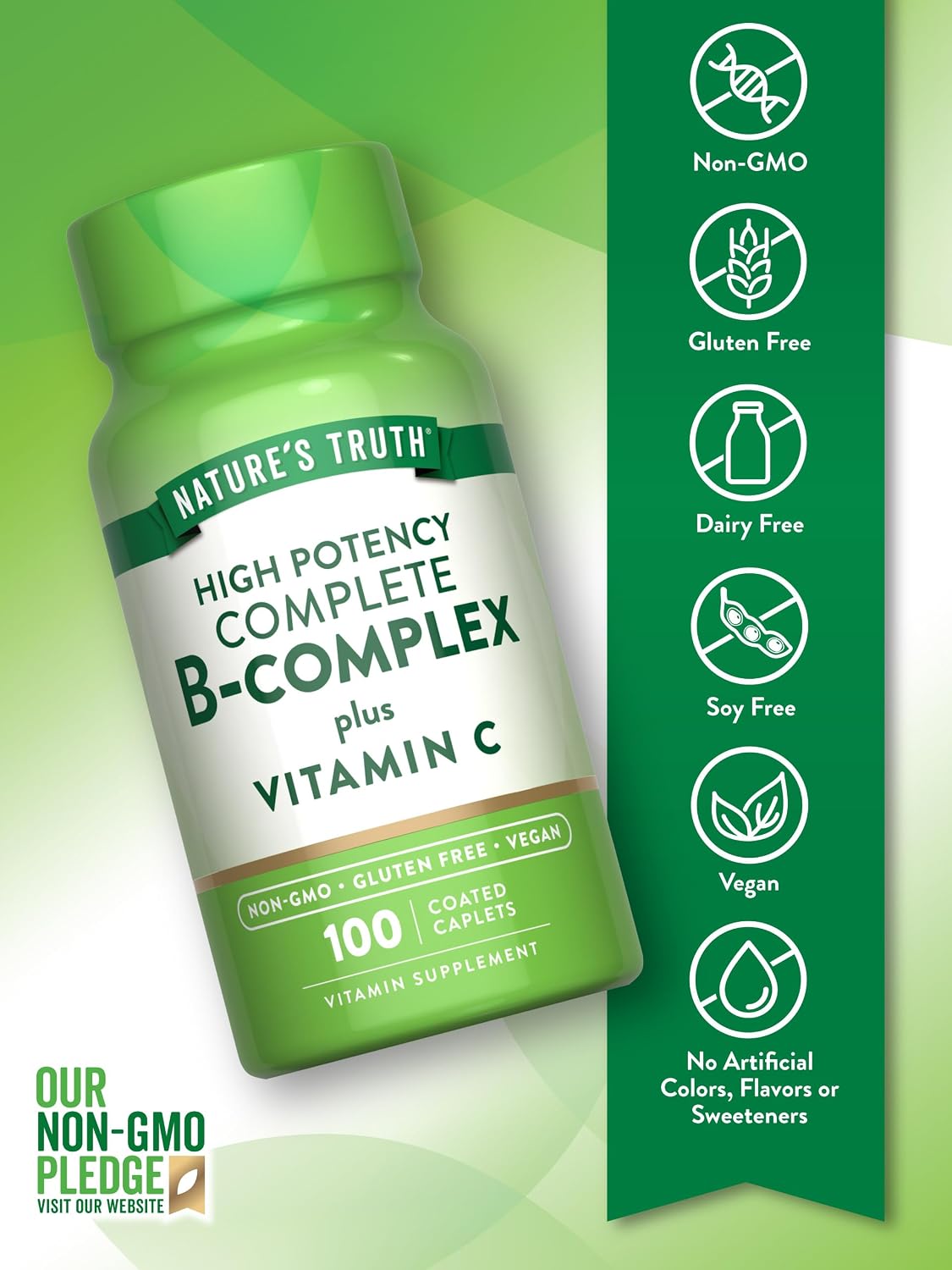 Nature's Truth Vitamin B Complex Plus Vitamin C | 100 Tablets | Vegan, Non-GMO & Gluten-free Supplement - görsel 3