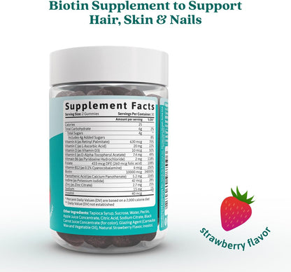 BeLive Biotin Gummies - Hair, Skin and Nails Multivitamin with A, C, D, E, B12, Zinc, Folate & Inositol - Strawberry (3-Pack)
