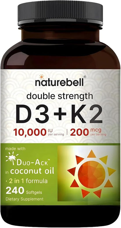 NatureBell Vitamin D3 + K2, Double Strength, 240 Soft gel capsule Capsules - 10,000 IU D3 & 200 mcg K2 (MK-7)