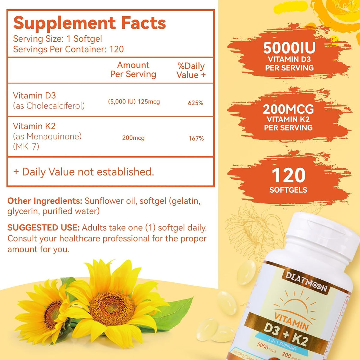 DIATMOON Vitamin D3 K2 Supplement Soft gel capsules – 5000 IU D3 & 200 mcg K2 MK-7, Bone and Teeth Support, 120 Count - görsel 3