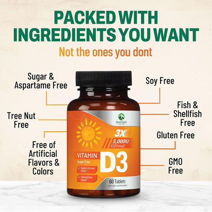 Vitamin D3 5000 IU (125 mcg) Chewable Tablets - Vegan, Gluten-free, Natural Raspberry Flavour - 60 Count